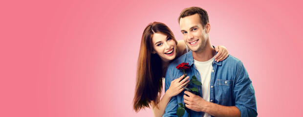 Love, relationship, dating, flirting, romantic concept - portrait picture of happy couple with...