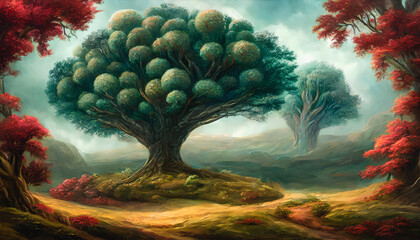 Majestic painting portrays the last tree of life on Earth, standing tall and proud against a dramatic backdrop. Generative AI