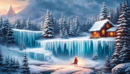 Fototapeta na wymiar Majestic painting of a fantastical village in a frozen land. Generative AI