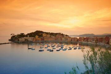 Silent bay at sunset, Sestri Levante, Italy