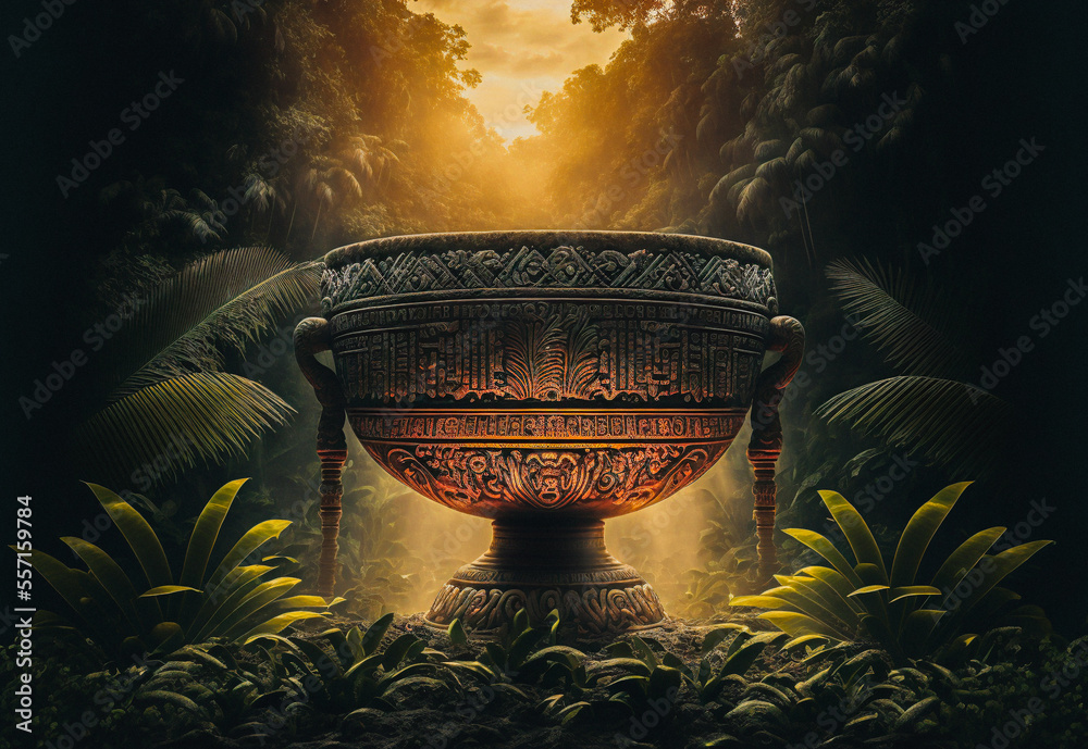 Wall mural Ancient or alien vessel ufo in a tropical forest environment during sunrise - Wall murals
