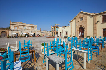 Fototapeta na wymiar The main square of the historic village Marzamemi, Province of Syracuse, Sicily, Italy
