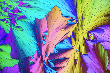 Colorful micro crystals in polarized light. Photo through a microscope - 557160358