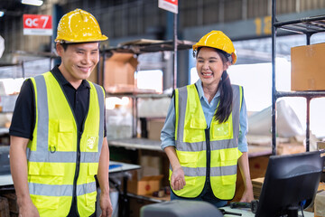 Trainee worker in large depot storage warehouse appreciated thank you to trainer at cashier counter