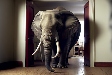 Elephant in the room which is a big problem which everyone is ignoring and afraid to talk about the obvious important truth, computer Generative AI stock illustration image - obrazy, fototapety, plakaty