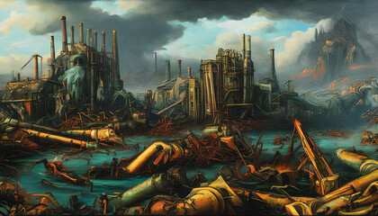 World that has been ravaged by the negative impacts of climate change. Melting glaciers, rising sea levels, and scorched, barren landscapes all suggest the destruction that humanity's actions.