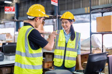 Trainee worker in large depot storage warehouse appreciated thank you to trainer at cashier counter