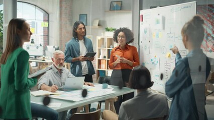 Diverse Modern Office: Successful Black Female Digital Entrepreneur Uses Whiteboard with Big Data, Statistics, Talks about Company Growth, Discusses Strategy with Investors, Top Managers, Executives