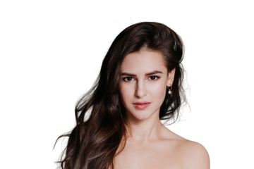 Close up of naked confident adorable beauty model looks at camera over transparent background. Beauty skincare and healthcare. Attractive hispanic girl satisfied by skincare procedure. Beauty