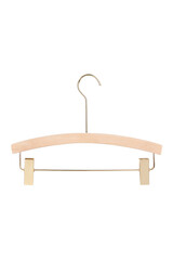 Close-up shot of a natural wooden hanger with a crossbar and clips with a silicone insert. A wooden clamp hanger for hanging trousers and skirts securely is isolated on a white background. Side view.