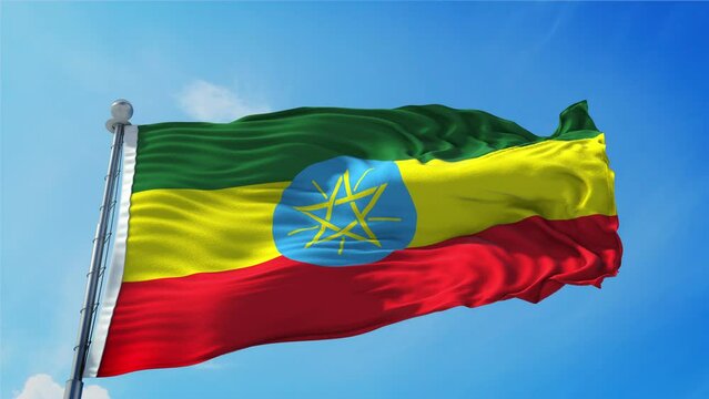 Ethiopia Flag Loop. Realistic 4K. 30 fps flag of the Ethiopia. Ethiopia flag waving in the wind. Seamless loop with highly detailed fabric texture.