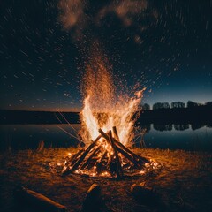 A roaring campfire outdoors.  - obrazy, fototapety, plakaty