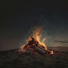 A roaring campfire outdoors. 
