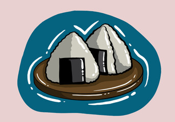 Japanese onigiri sushi with seaweed on wooden platter boards (Japanese Rice Balls) illustration vector.