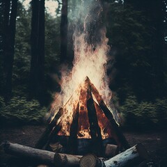 A roaring campfire outdoors. 