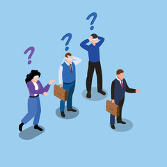 Leading blindfolded employees isometric 3d vector illustration concept for banner, website, illustration, landing page, flyer, etc.