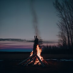 A roaring campfire outdoors. 