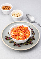 Gajar ka halwa is a delicious carrot-based sweet dessert pudding from Punjab, India. Served in winters, weddings and festivals.