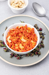 Gajar ka halwa is a delicious carrot-based sweet dessert pudding from Punjab, India. Served in winters, weddings and festivals.