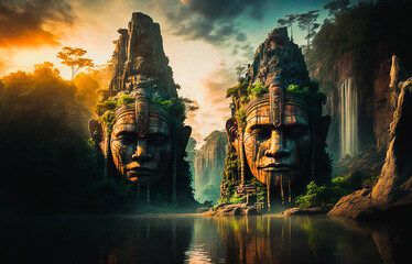 Giant aztec or maya guardian statues next to a waterfall and a river in a tropical rainforest environment