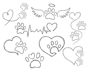 Big set line art illustration pet care, dog footprint. Dog paw tattoo idea, dog footprint