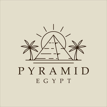 pyramid with date palm logo line art simple vector illustration template icon graphic design. egypt landscape sign or symbol for business travel culture concept