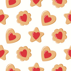 Seamless pattern with gingerbread cookies with heart glazing. Isolated background. Design for Valentine’s Day, Weddings, Mother’s day celebration, greeting cards, invitations, textile, wrapping paper.