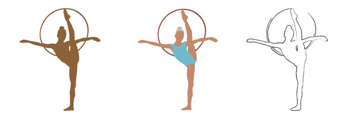 The gymnast stands on one leg and holds the hoop.
