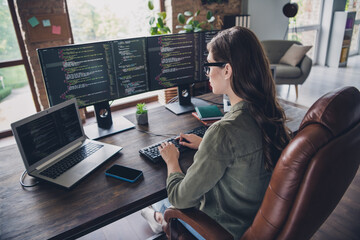 Photo of intelligent adorable lady working startup project hacking site write new app program site indoor room workstation