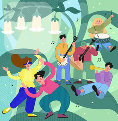 Vector illustration, cheerful musicians play musical instruments and young people dance. Posters, posters, advertising, booklets, background.