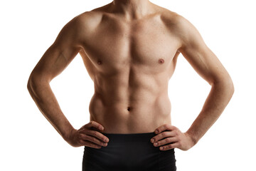 Fototapeta premium Cropped image of muscular male body, hands, belly. Man posing shirtless in black underwear over white studio background. Men's health and beauty