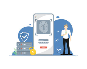 Protection system smartphone concept, Human standing with application smartphone, Digital marketing illustration.