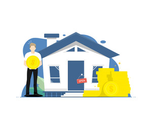 Fototapeta na wymiar Housing savings concept, Human standing with personal house, Digital marketing illustration.