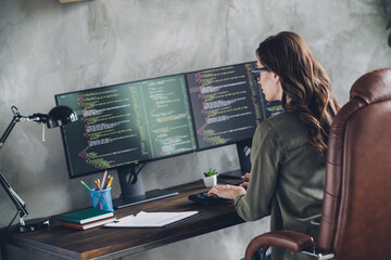 Profile portrait of smart cybersecurity expert girl sitting leather chair keyboard typing open...