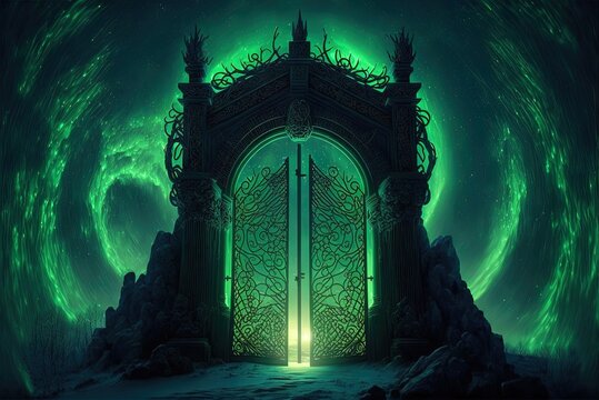 Images of the Northern Lights and the Valhalla Gates in Scandinavia. Generative AI