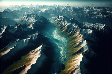 aerial view of a beautiful day in the mountains, created with generative ai technology