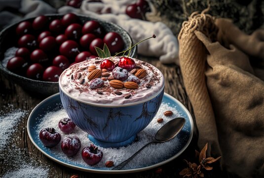  illustration of ice freezing cup of chocolate with cream topping, cherry almond latte cup