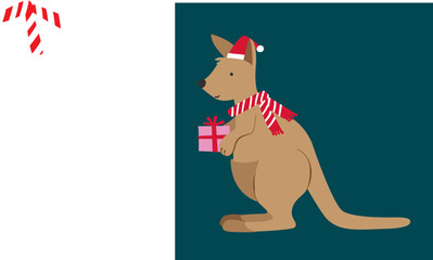 Christmas Xmas Kangaroo Wallaby with Scarf Present Hat Dark Background