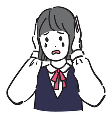 耳を塞いで泣いている女子学生