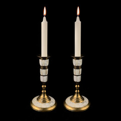 candle in an antique candlestick. candle. golden candlestick of unusual shape