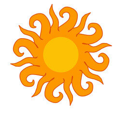 Vector cartoon yellow sun Shining light rays to heat the summer. Isolated on white background.