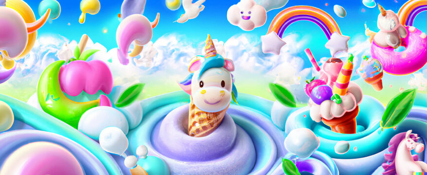 Playful- fantasy animal ice-cream wonderland. AI generated.