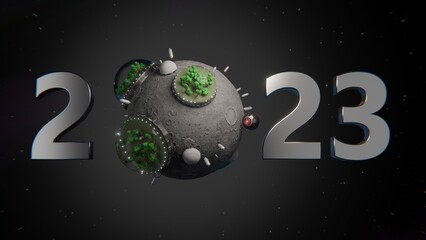 3d rendering of the date 2023 with a planet instead of zero. The idea of cosmonautics development, the future of space, colonization of Mars and other planets.