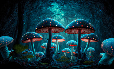Fototapeta na wymiar Fantasy enchanted fairy tale forest with magical Mushrooms, fairytale butterflies. Mystical fly agarics glow in a mysterious dark forest. Magic light. digital art 