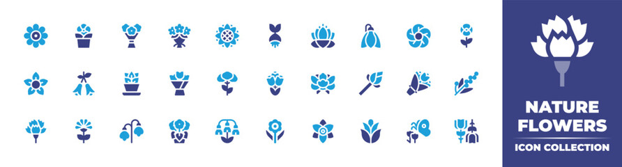 Fototapeta na wymiar Nature flowers icon collection. Duotone color. Vector illustration. Containing daisy, flower pot, flower bouquet, sunflower, bulb, lotus, snowdrop, clematis, jara, flower, valerian, peony, and more.