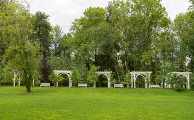 Fototapeta na wymiar White Wooden Bench in The Park. Green Grass and Trees in Background