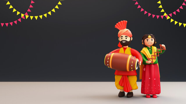3D Render Of Punjabi Young Couple Playing Dhol (Drum), Sapp Instrument On Black And Gray Background With Copy Space.