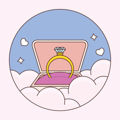 Open Diamond Ring Box With Flying Hearts And Clouds In Blue Circle Background.