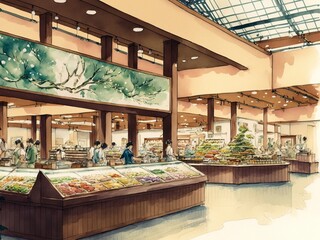 ショッピングモールの食品売り場、水彩画
