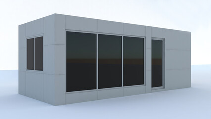 3d Container building design. Portable white office cabin container isolated on white background, 3d rendering.